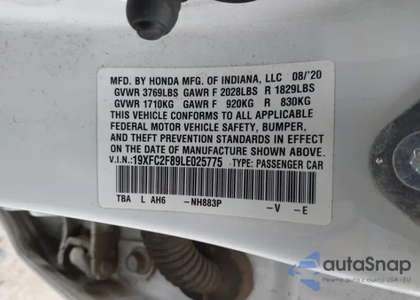2020 Honda Civic Sport z USA, uszkodzony, nr VIN 19XFC2F89LE025775